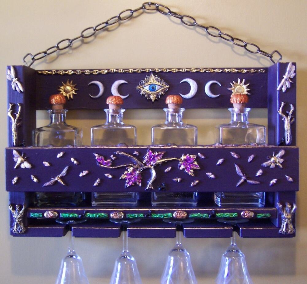Whimsigothic Celestial Bar Rack Set: 4 Vintage Glasses & 4 Decanters